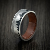 Titanium Men's Ring with Spruce Pine Tree Design, Wood Sleeve and Gibeon Meteorite Inlay Custom Made Band