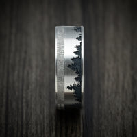 Titanium Men's Ring with Spruce Pine Tree Design, Wood Sleeve and Gibeon Meteorite Inlay Custom Made Band