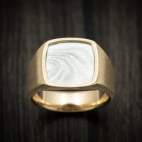 14K Gold and Tightweave Kuro Damascus Steel Signet Men's Ring Custom Made Band
