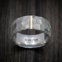 Damascus Steel Men's Ring With Rock Hammer Finish And Vertical 14k Gold Inlay Custom Made Band