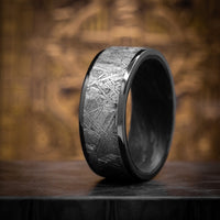 Black Titanium or Black Zirconium Custom Men's Ring with a Gibeon Meteorite Inlay and Forged Carbon Fiber Sleeve
