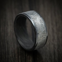 Black Titanium or Black Zirconium Custom Men's Ring with a Gibeon Meteorite Inlay and Forged Carbon Fiber Sleeve