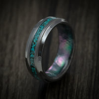 Black Zirconium Men's Ring with Black Mother of Pearl Sleeve and Chrysocolla Stone Inlay Custom Made
