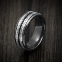 Black Zirconium Men's Ring with Marble Kuro Damascus Steel and Onyx Stone Inlay Custom Made