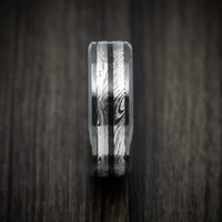 Black Zirconium Men's Ring with Marble Kuro Damascus Steel and Onyx Stone Inlay Custom Made