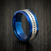 Kuro-Ti Heat-Treated Titanium Damascus Men's Ring with Silver Inlay and Half-Eternity Lab Diamonds Custom Made Ring