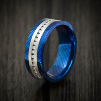 Kuro-Ti Heat-Treated Titanium Damascus Men's Ring with Silver Inlay and Half-Eternity Lab Diamonds Custom Made Ring
