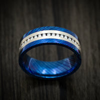 Kuro-Ti Heat-Treated Titanium Damascus Men's Ring with Silver Inlay and Half-Eternity Lab Diamonds Custom Made Ring