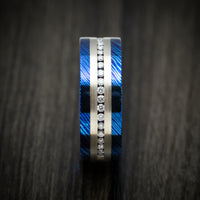 Kuro-Ti Heat-Treated Titanium Damascus Men's Ring with Silver Inlay and Half-Eternity Lab Diamonds Custom Made Ring