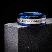 Kuro-Ti Heat-Treated Titanium Damascus Men's Ring with Silver Inlay and Half-Eternity Lab Diamonds Custom Made Ring