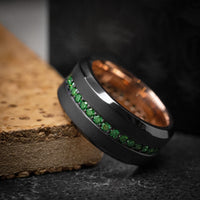 Black Titanium and Green Diamond Men's Ring with 14K Gold Sleeve Custom Made Band
