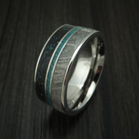 Titanium Black Dinosaur Bone with Turquoise And Gibeon Meteorite Ring Custom Made Fossil Band