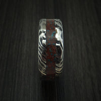 Kuro Damascus Steel And Red Dinosaur Bone with Turquoise Rock Hammered Ring Custom Made Fossil Band