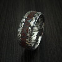 Kuro Damascus Steel And Red Dinosaur Bone with Turquoise Rock Hammered Ring Custom Made Fossil Band