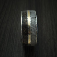 Kuro Damascus Steel Mixed Dinosaur Bone And Gibeon Meteorite Ring With Kauri Wood Sleeve And 14K Yellow Gold Inlay Custom Made Fossil Band