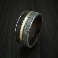Kuro Damascus Steel Mixed Dinosaur Bone And Gibeon Meteorite Ring With Kauri Wood Sleeve And 14K Yellow Gold Inlay Custom Made Fossil Band