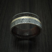 Kuro Damascus Steel Mixed Dinosaur Bone And Gibeon Meteorite Ring With Kauri Wood Sleeve And 14K Yellow Gold Inlay Custom Made Fossil Band