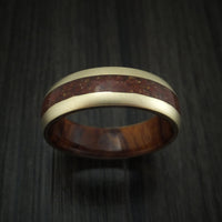 14K Yellow Gold And Mixed Dinosaur Bone Ring With Desert Ironwood Burl Wood Sleeve Custom Made Fossil Band