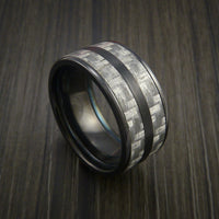 Black Titanium Ring with Silver Texalium Inlay with Carbon Fiber Style Weave Pattern