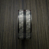 Black Titanium Ring with Silver Texalium Inlay with Carbon Fiber Style Weave Pattern