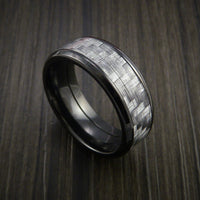 Black Titanium Ring with Silver Texalium Inlay with Carbon Fiber Style Weave Pattern