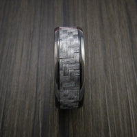 Black Titanium Ring with Silver Texalium Inlay with Carbon Fiber Style Weave Pattern