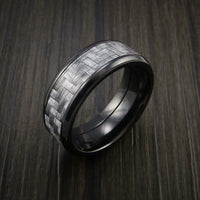 Black Titanium Ring with Silver Texalium Inlay with Carbon Fiber Style Weave Pattern