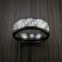 Black Titanium Ring with Silver Texalium Inlay with Carbon Fiber Style Weave Pattern