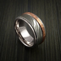 Damascus Steel 14K White Gold Ring Wedding Band with Hammered Copper Inlay