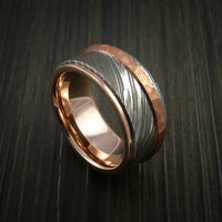Damascus Steel 14K Rose Gold Ring Wedding Band with Hammered Copper Inlay