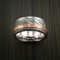 Damascus Steel 14K White Gold Ring Wedding Band with Hammered Copper Inlay