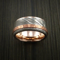 Damascus Steel 14K Rose Gold Ring Wedding Band with Hammered Copper Inlay