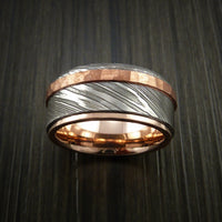 Damascus Steel 14K Rose Gold Ring Wedding Band with Hammered Copper Inlay