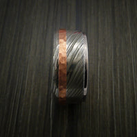 Damascus Steel 14K White Gold Ring Wedding Band with Hammered Copper Inlay