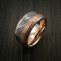 Damascus Steel 14K Rose Gold Ring Wedding Band with Hammered Copper Inlay