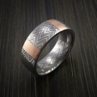 Damascus Steel Ring and 14k Rose Gold Stripe Pattern Wedding Band Zebra Look