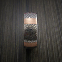 Damascus Steel Ring and 14k Rose Gold Stripe Pattern Wedding Band Zebra Look
