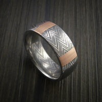 Damascus Steel Ring and 14k Rose Gold Stripe Pattern Wedding Band Zebra Look