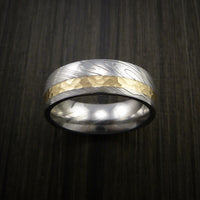 Damascus Steel 14K Yellow Gold Ring Wedding Band Custom Made Hammer Finish