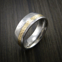 Damascus Steel 14K Yellow Gold Ring Wedding Band Custom Made Hammer Finish