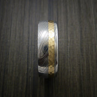 Damascus Steel 14K Yellow Gold Ring Wedding Band Custom Made Hammer Finish