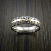 Damascus Steel Ring with 14K Yellow Gold Ring with Diamond Setting Band