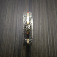 Damascus Steel Ring with 14K Yellow Gold Ring with Diamond Setting Band