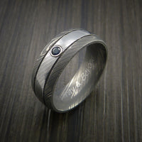 Damascus Steel Ring with Bezel Set Blue Sapphire Custom Made Band