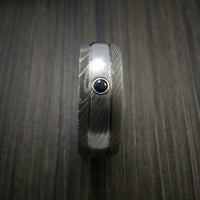 Damascus Steel Ring with Bezel Set Blue Sapphire Custom Made Band