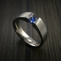 Titanium Ring Tension Set Band with Round Blue Sapphire Stone