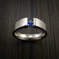 Titanium Ring Tension Set Band with Round Blue Sapphire Stone