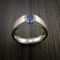 Titanium Ring Tension Set Band with Round Blue Sapphire Stone