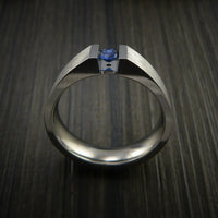 Titanium Ring Tension Set Band with Round Blue Sapphire Stone