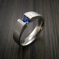 Titanium Ring Tension Set Band with Round Blue Sapphire Stone
